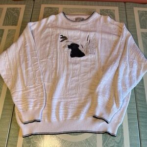 White Crewneck Sweater with Black Dog Embroidery